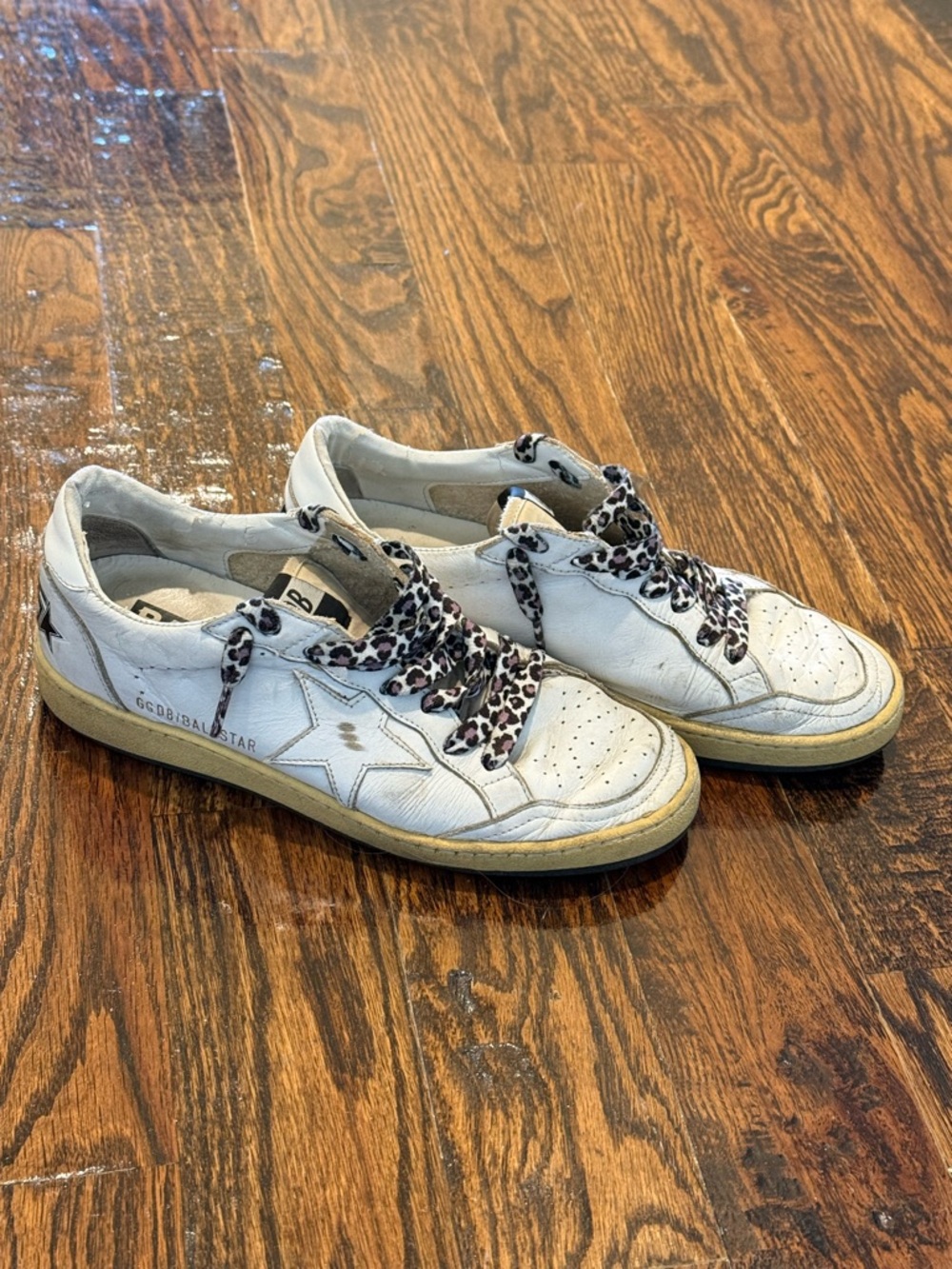 Golden Goose Deluxe Ball Star White Leather Sneakers with Leopard Laces Size 38